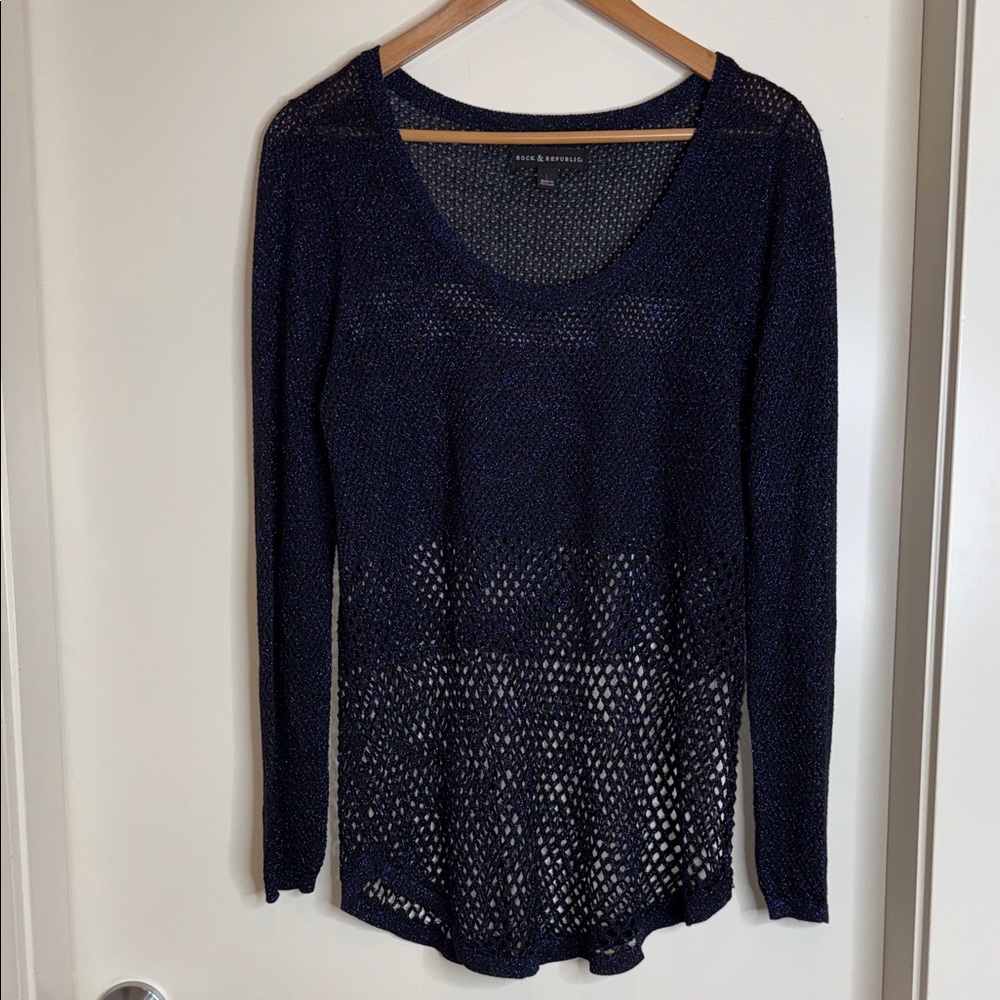 Rock & Republic Navy Sheer Sparkly Knit Top (B)